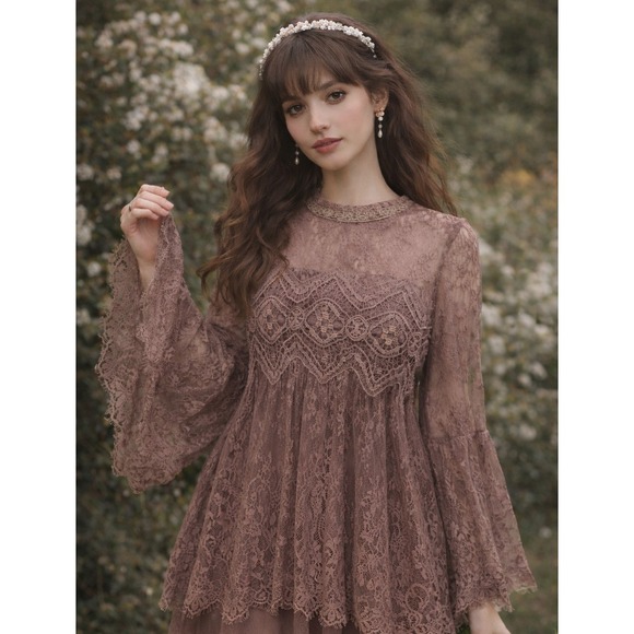 entro Tops - Entro Mauve Lace Coquette Whimsigoth Boho Sheer Top Medium Fairy Renaissance